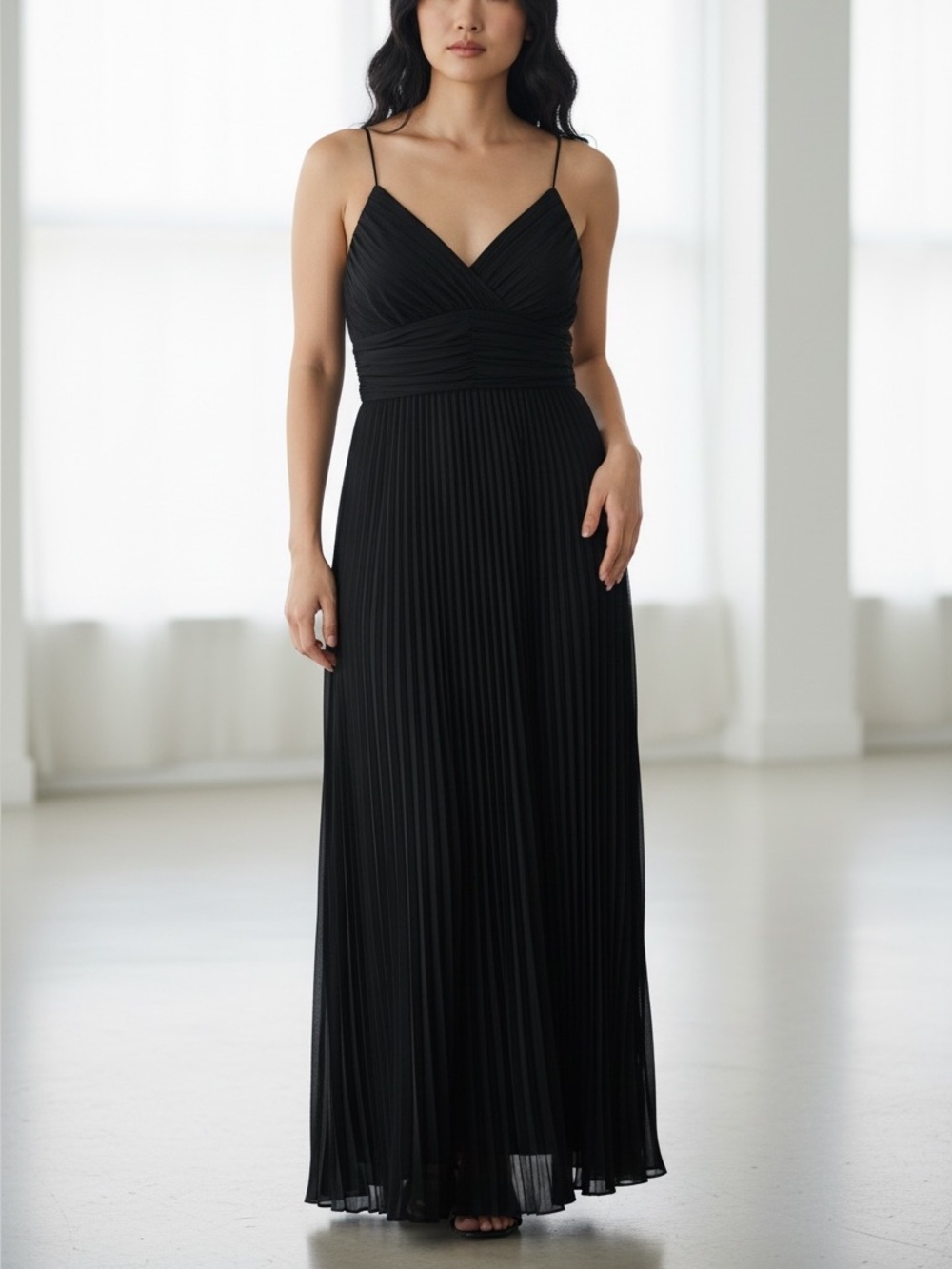 Banana Republic Black Pleated Spaghetti-Strap Maxi Dress with Side Half Zipper